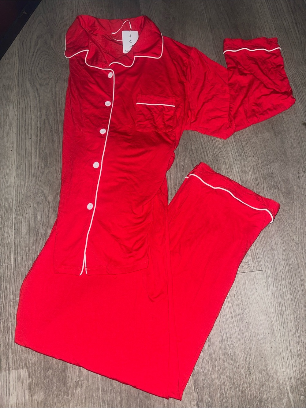 PJs Red Button-Front Pajama Set with White Piping
